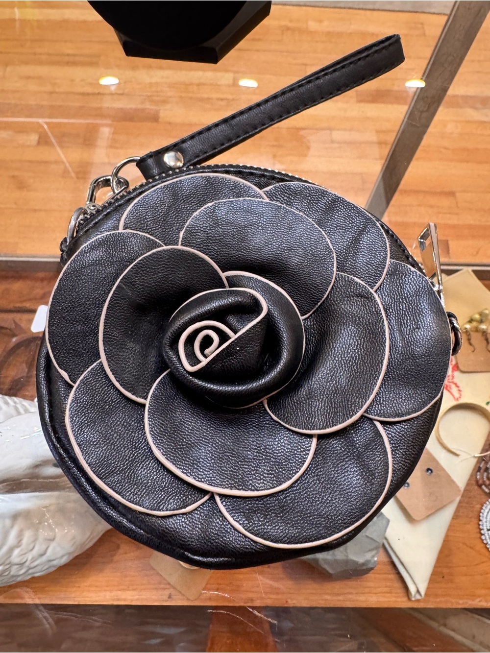 Black Floral Applique Round Wristlet Bag